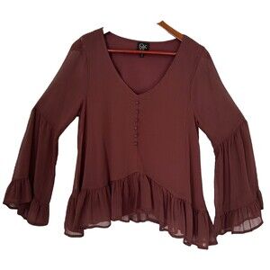 CKW Crew Knit Wear Blouse Women M Maroon Ruffle Chiffon Flowy Cottage Feminine